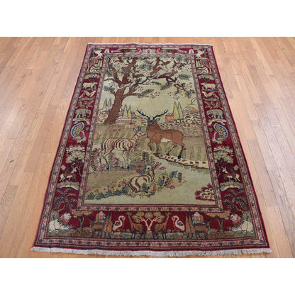 4'7"X6'7" White Antique Kishoon Design Hand Knotted Pure Wool Rug