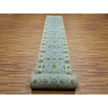 2'6"X25'8" Cerulean Blue Pure Wool Hand Knotted Shah Abbas Xl Runner Rug