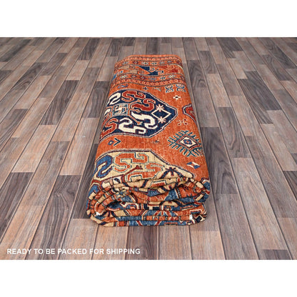 8'10"X11'10" Sun Orange Super Kazak Geometric Wool Hand Knotted Rug