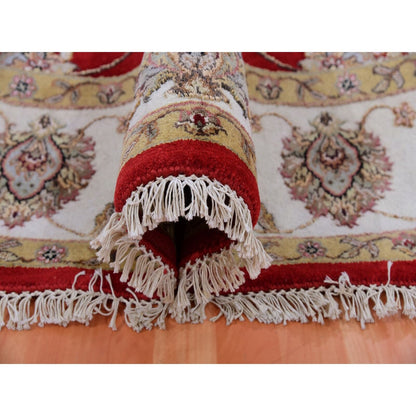 8'X8' Red Dahlia Wool And Silk Hand Knotted Rajasthan Design Round Rug