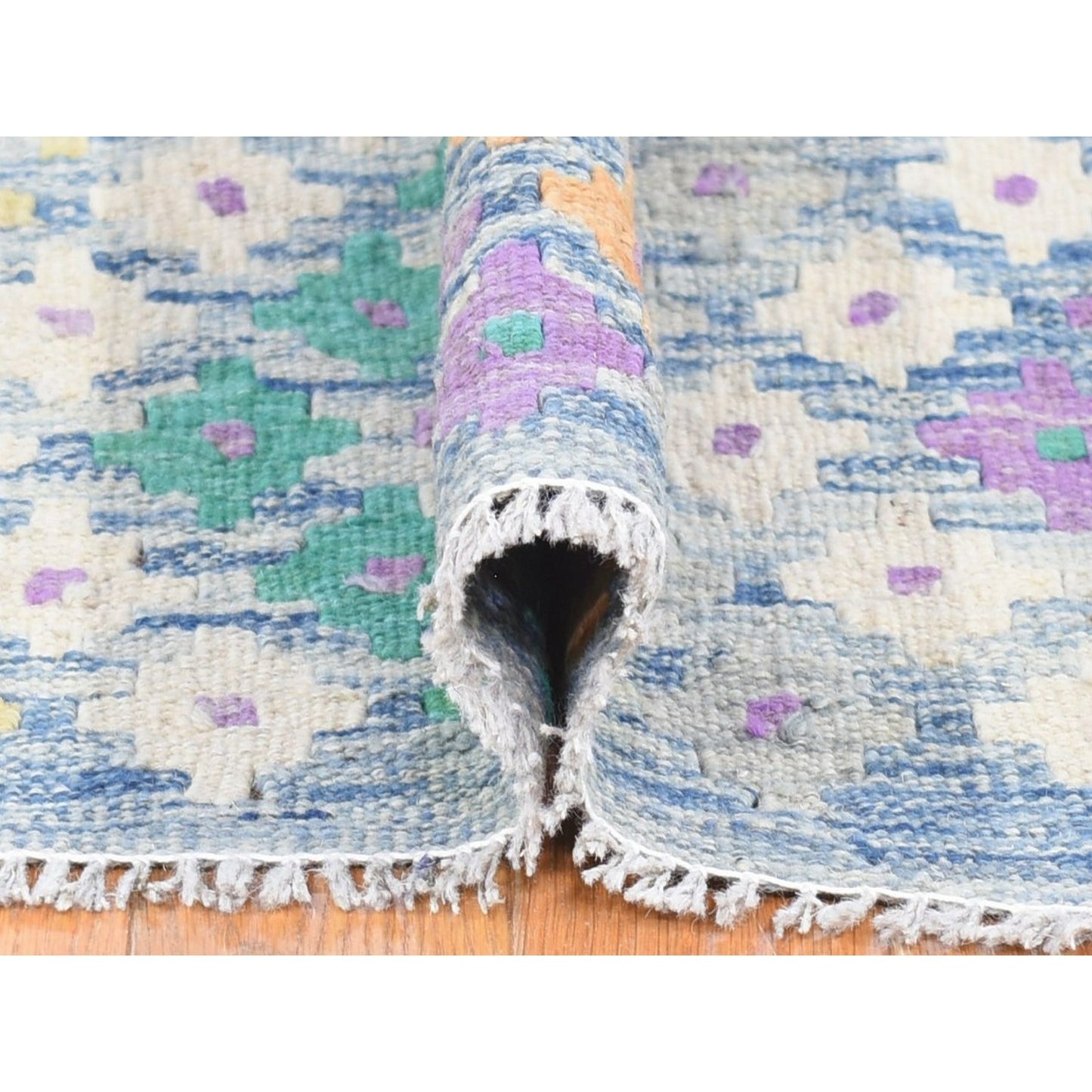 10'3"X13'2" Blue Afghan Kilim Flat Weave Pure Wool Hand Knotted Rug