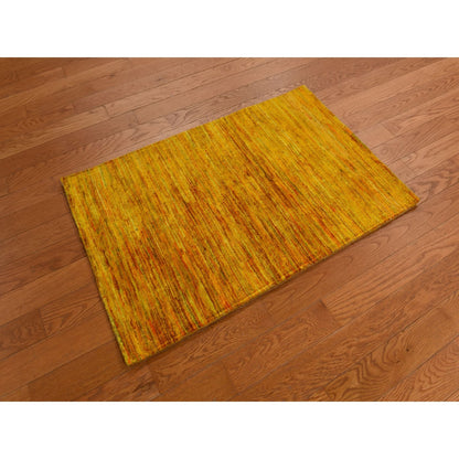 2'X3'1" Gold Color Plain Solid Design Pure Sari Silk Hand Knotted Mat Rug