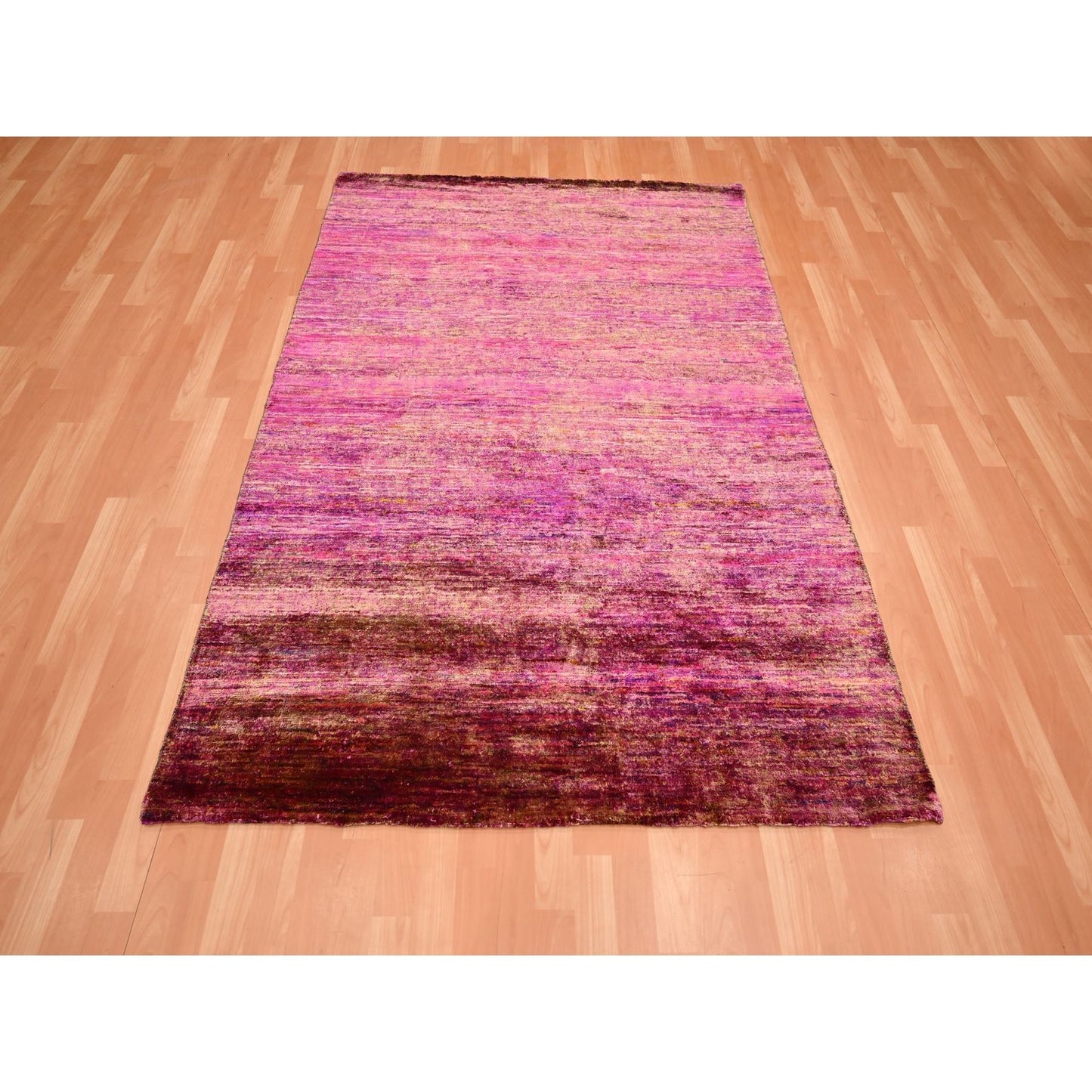 5'X6'10" Shades Of Pink Abrash Design Sari Silk Plain Hand Knotted Rug