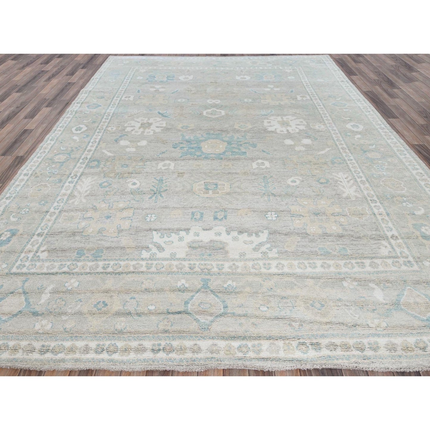 9'2"X11'10" Oyster Gray Afghan Oushak Leaf Design All Wool Hand Knotted Rug