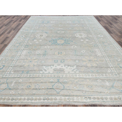 9'2"X11'10" Oyster Gray Afghan Oushak Leaf Design All Wool Hand Knotted Rug