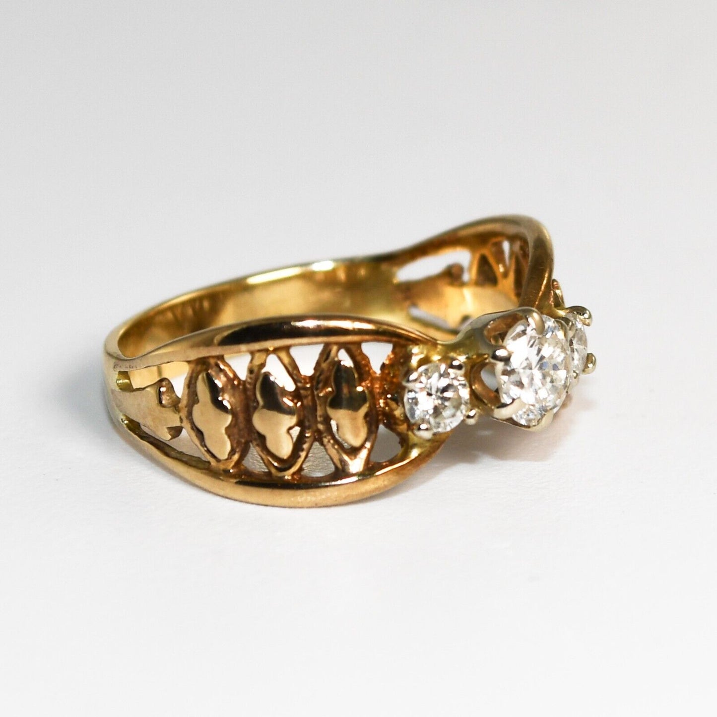 Three Diamond Ring Fancy Shank 14K Yellow Gold