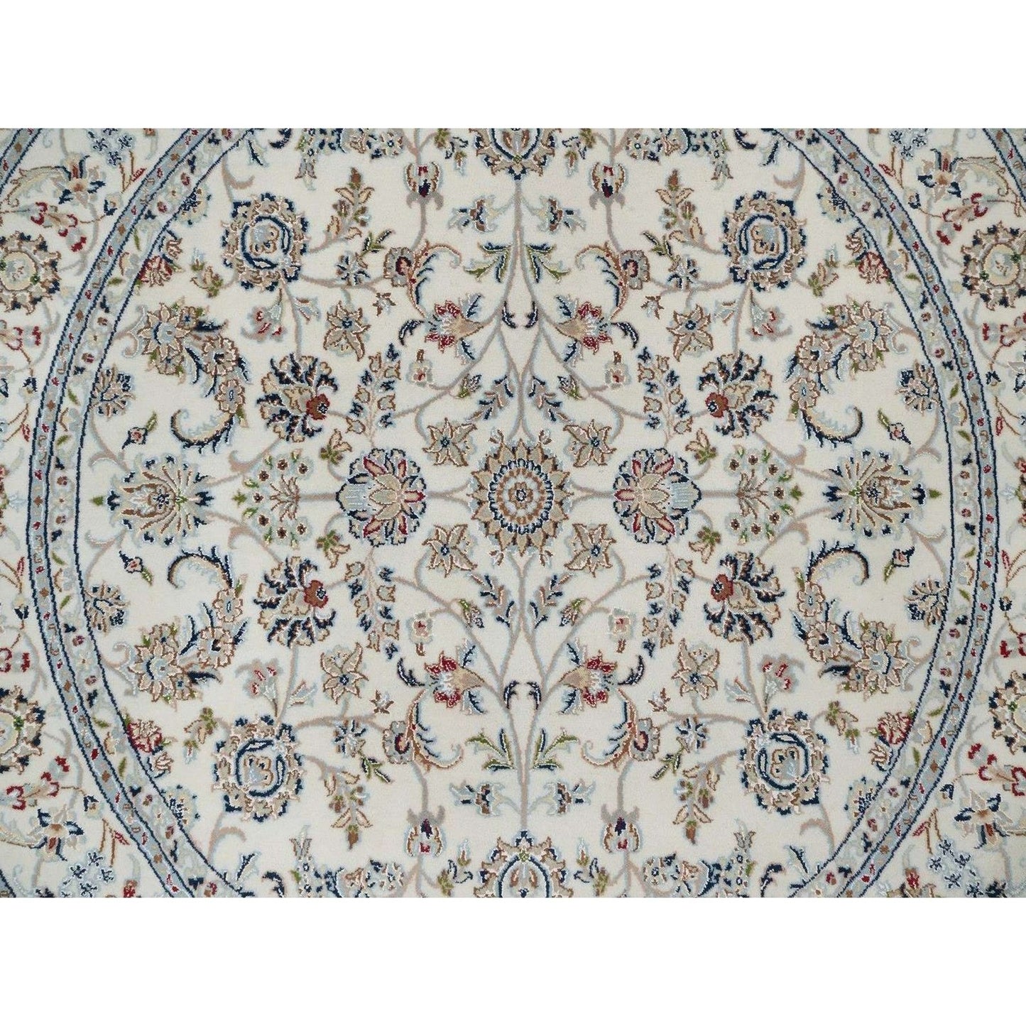 6'X6' Ivory Hand Knotted Nain With Flower Pattern Wool And Silk Round Rug