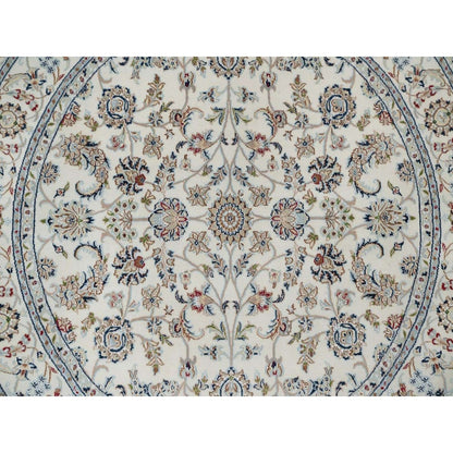 6'X6' Ivory Hand Knotted Nain With Flower Pattern Wool And Silk Round Rug