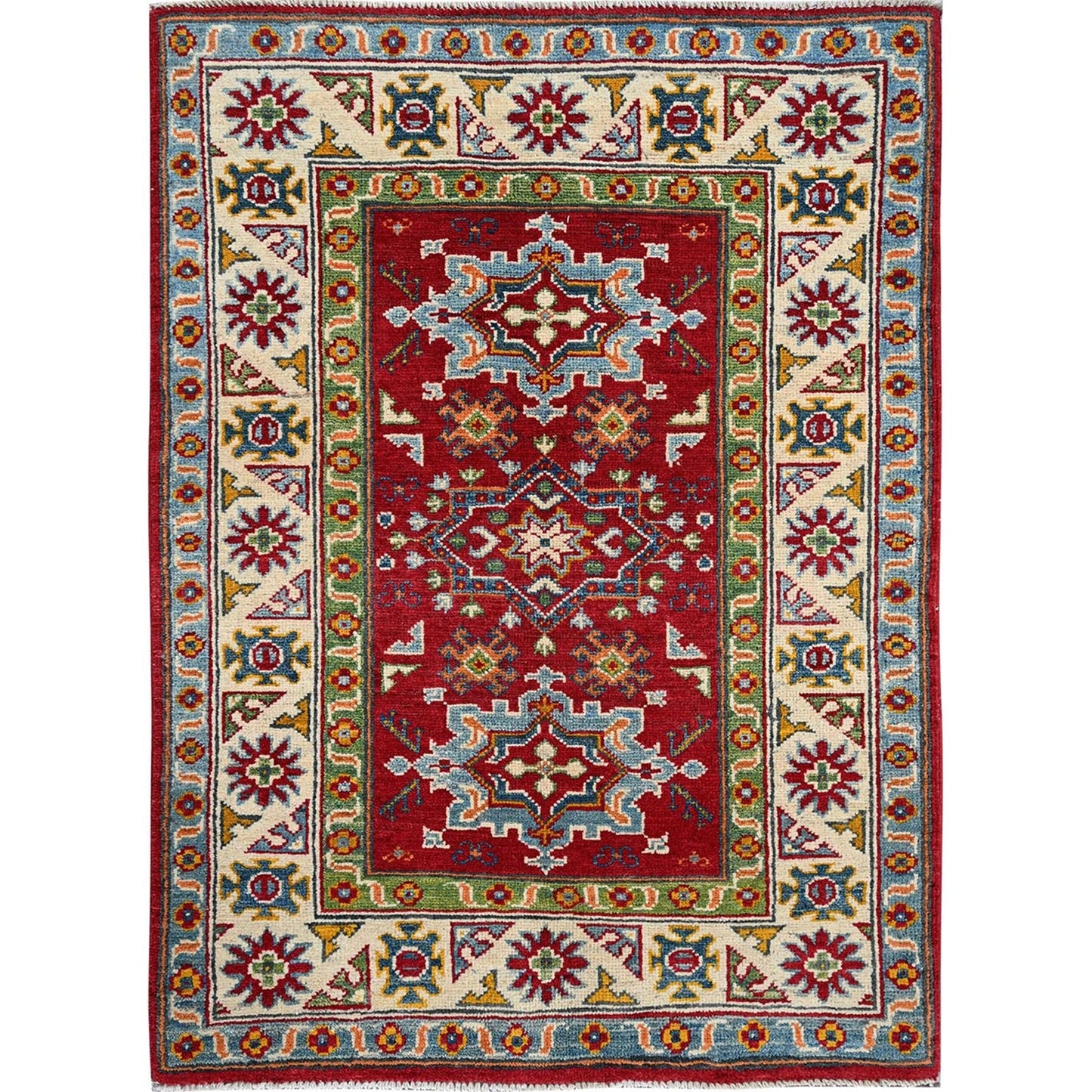 3'X4' Red Kazak Geometric Medallions Design Hand Knotted Soft Wool Rug