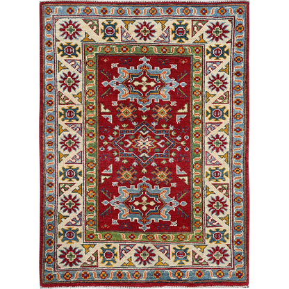 3'X4' Red Kazak Geometric Medallions Design Hand Knotted Soft Wool Rug