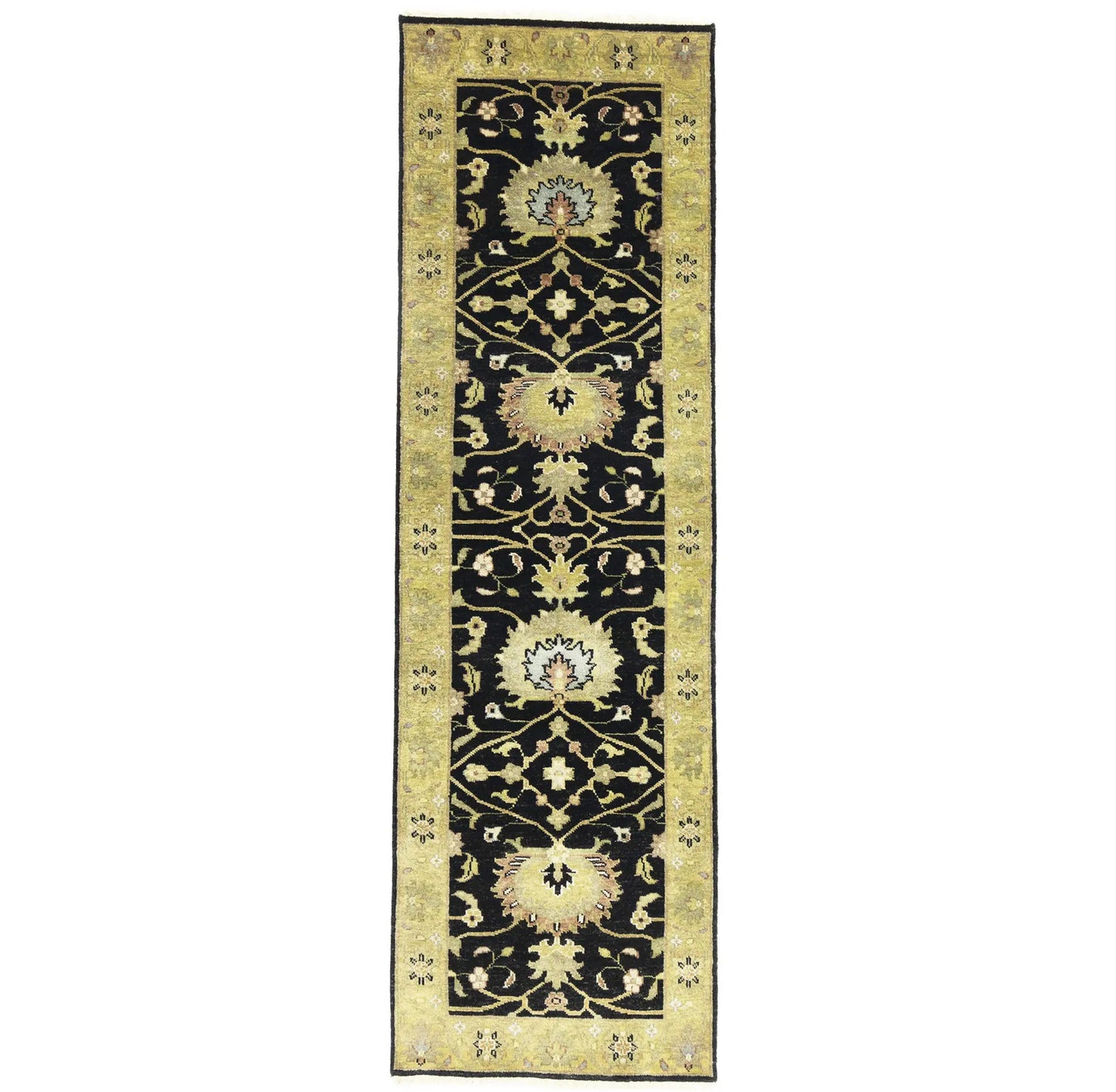 Hand-Knotted Oushak Oriental Wool Runner Rug Floral Black Carpet 2'5x7'11 ft