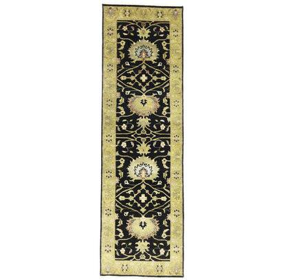 Hand-Knotted Oushak Oriental Wool Runner Rug Floral Black Carpet 2'5x7'11 ft