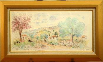 Jean Claude Picot Pastel Watercolor Ink On Paper 1988 Signed Landscape With Tree