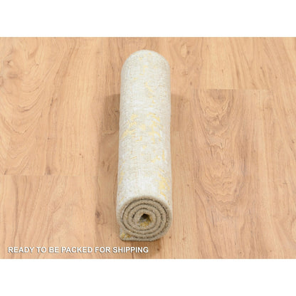 2'X2'9" Gold-Cream Hand Knotted Abstract Design Wool And Silk Mat Rug