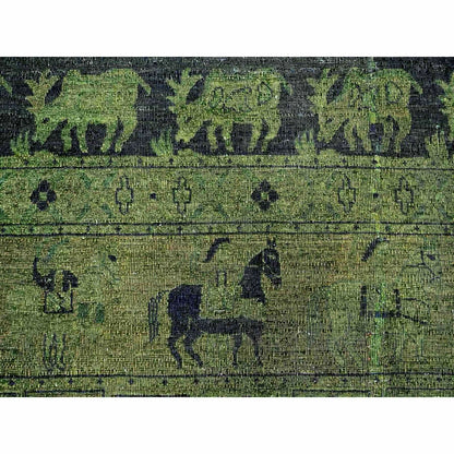 9'9"X13'8" Green Overdyed Peshawar Pazyryk Design Wool Hand Knotted Rug