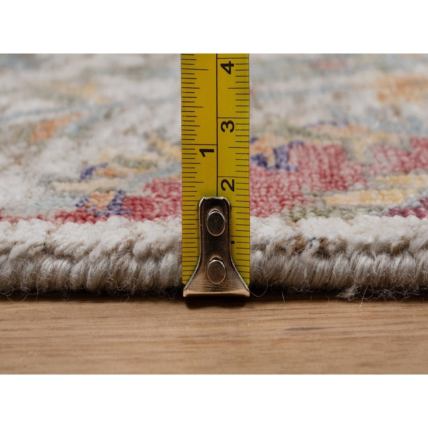 4'X6' Ivory Silk With Textured Wool Rug Sickle Leaf Design Hand Knotted