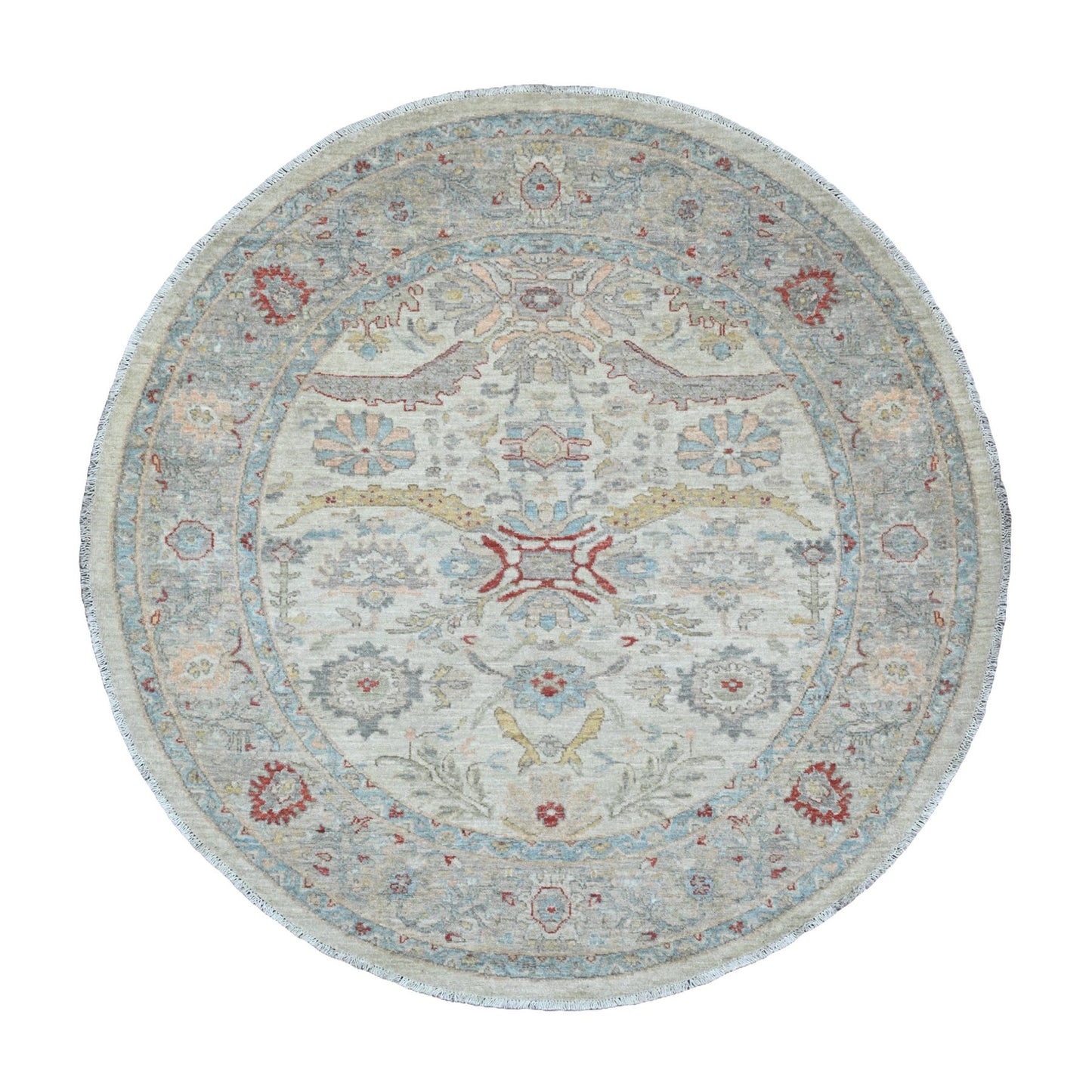 6'X6' White Heriz All Over Design Wool Hand Knotted Round Oriental Rug