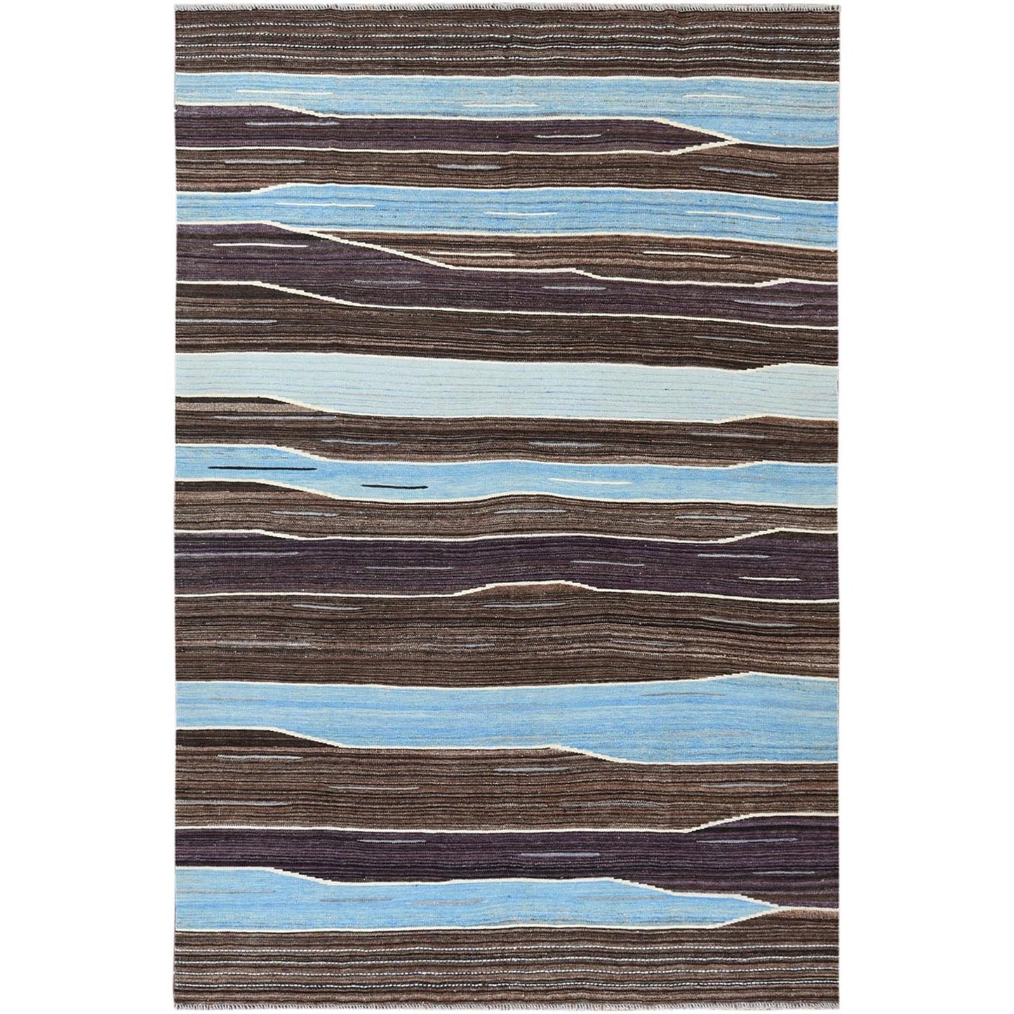 6'4"X9' Hand Woven Kilim Flat Weave Brown And Blue Mountain Design Rug