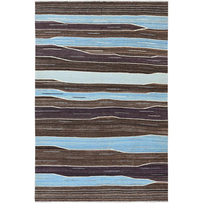 6'4"X9' Hand Woven Kilim Flat Weave Brown And Blue Mountain Design Rug
