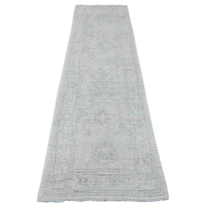 2'8"X9'7" Gray Hand Knotted Angora Oushak Leaf Design All Wool Runner Rug