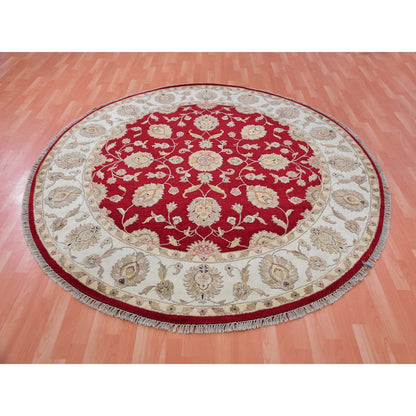 8'X8' Red Rajasthan Leaf Design Wool Silk Pile Hand Knotted Round Rug