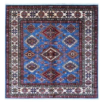 6'X6' Blue Hand Knotted Super Kazak Tribal Elements Square Oriental Rug