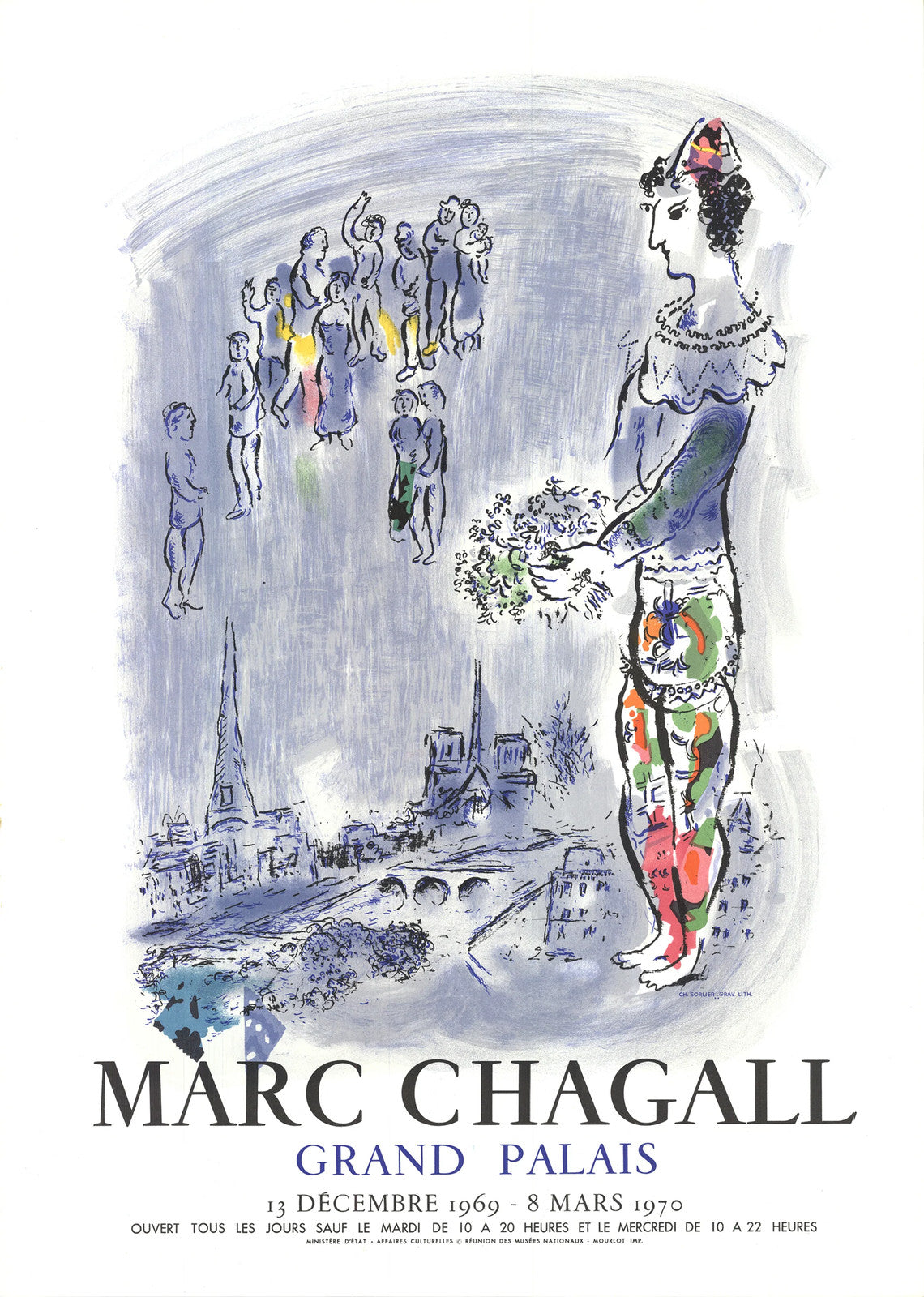 MARC CHAGALL The Magician Of Paris 28" x 20" Lithograph 1970 Modernism Blue Gra