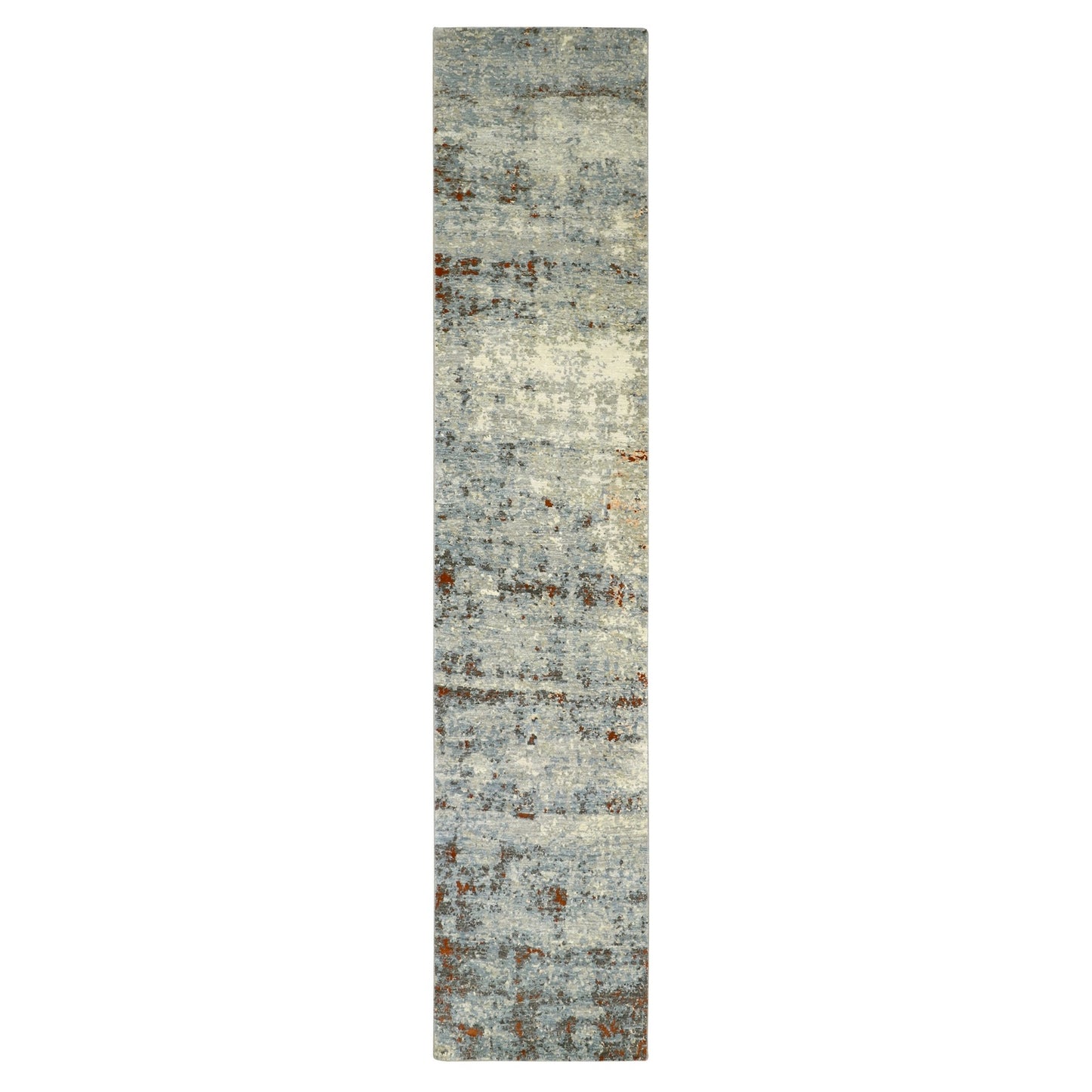 2'6"X12'2" Beige With Blue Abstract Design Wool Hand Knotted Runner Rug