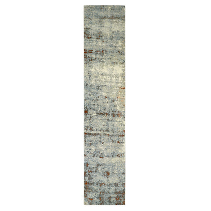 2'6"X12'2" Beige With Blue Abstract Design Wool Hand Knotted Runner Rug