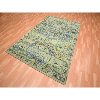 6'1"X9'3" Green Broken And Erased Birds Design Hand Knotted Pure Wool Rug