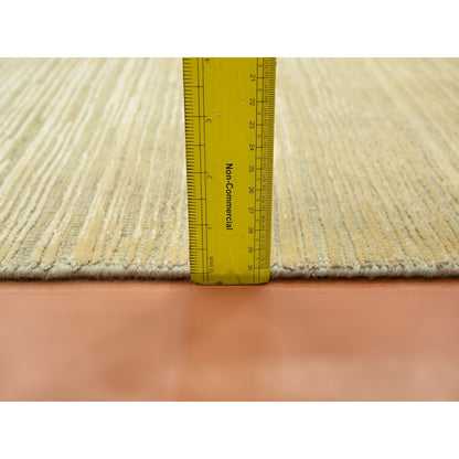 2'X3' Beige Plain Line Design Silk & Oxidized Wool Hand Knotted Mat Rug