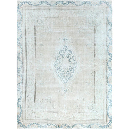 8'3"X11'1" Hand Knotted Ivory Vintage Farsian Karman Worn Wool Rug
