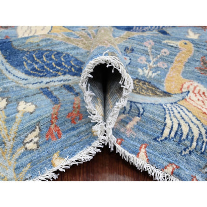 8'X10'1" Yonder Blue Afghan Peshawar Birds Design Hand Knotted Wool Rug