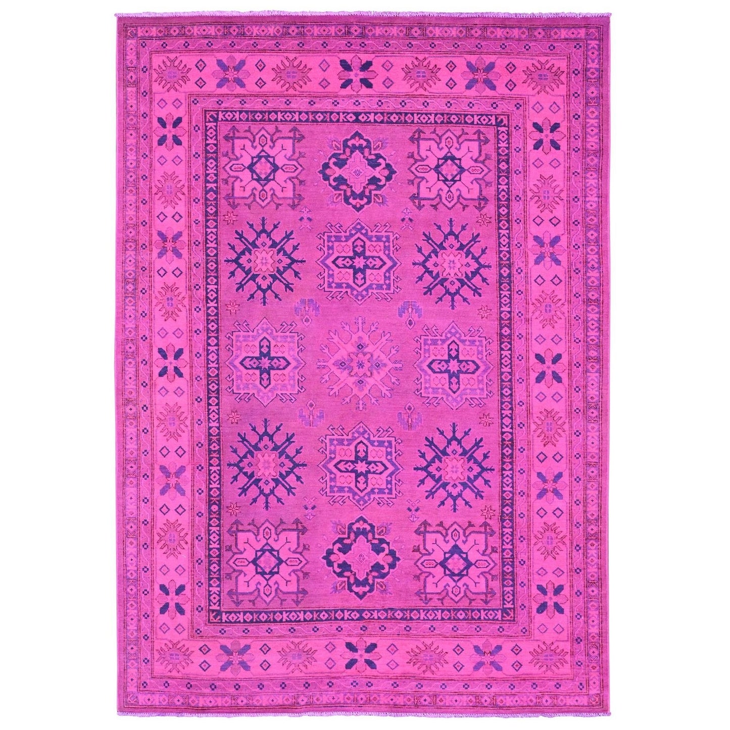 6'X8'6" Pink Overdyed Kazak Geometric Pattern Hand Knotted 100% Wool Rug