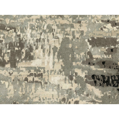 4'X12' Hand Knotted Taupe Abstract Design Wool Silk Runner Hi-Low Rug