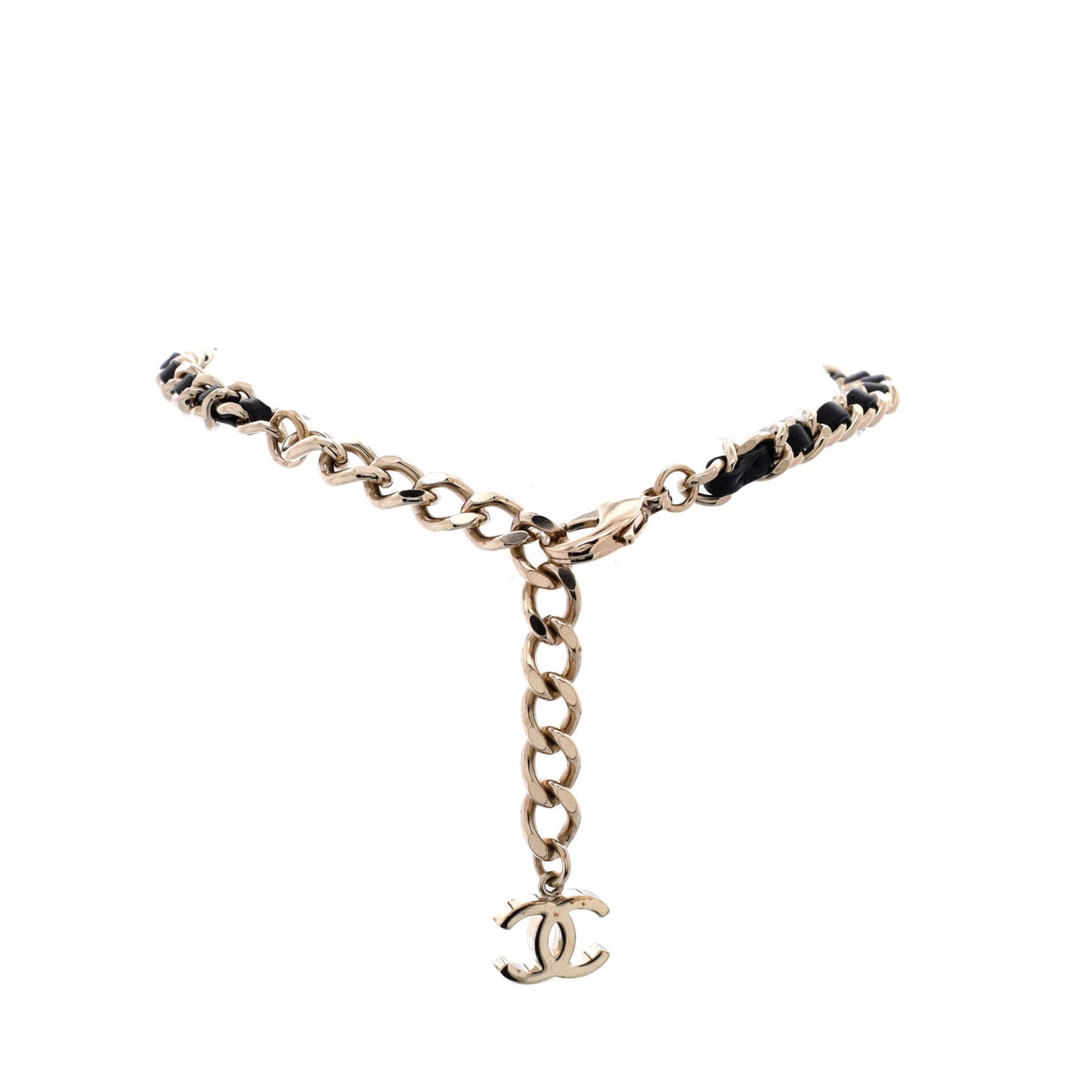 Chanel Crystal Cc Double Chain Choker Necklace Metal With Crystal And Leather