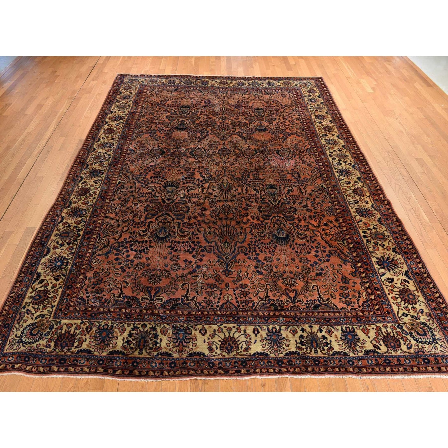 9'10"X13'7" Coral Salmon Antique Zoroastrian Pure Wool Hand Knotted Rug