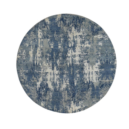 8'1"X8'1" Blue Abstract Design Wool And Pure Silk Hand Knotted Round Rug