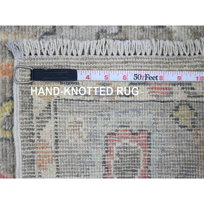 3'9"X12'1" Gray Hand Knotted Angora Oushak Leaf Design Wool Runner Rug