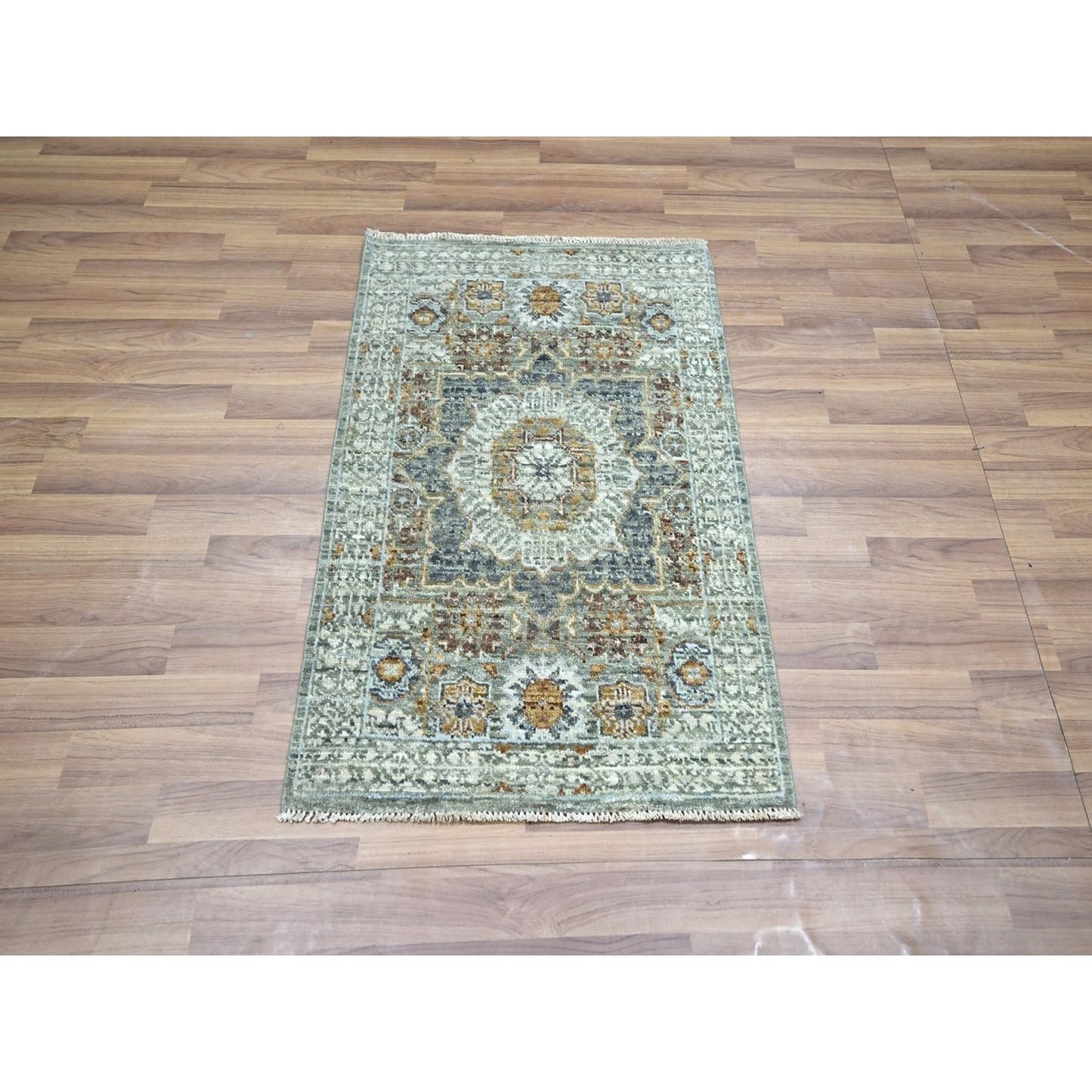 2'1"X3'1" Sage Green Rug Wool Pre Historic Mamluk Design Hand Knotted Mat