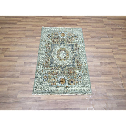 2'1"X3'1" Sage Green Rug Wool Pre Historic Mamluk Design Hand Knotted Mat