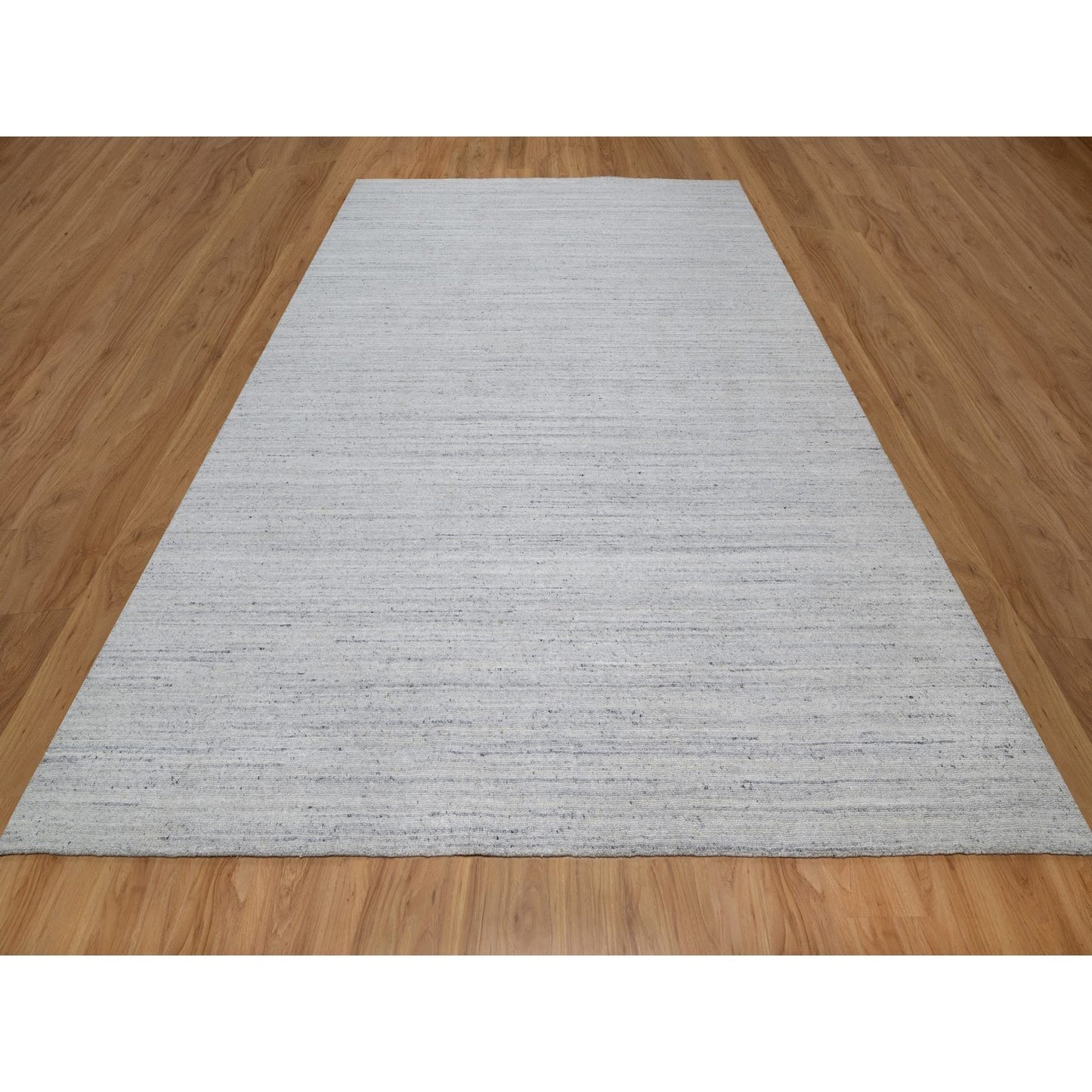 9'X12' Snow White Natural Wool Plain Modern Striae Design Hand Loomed Rug