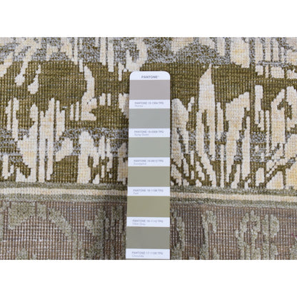 8'9"X12'1" Green Silk With Wool Abrash Artistic Motifs Hand Knotted Rug