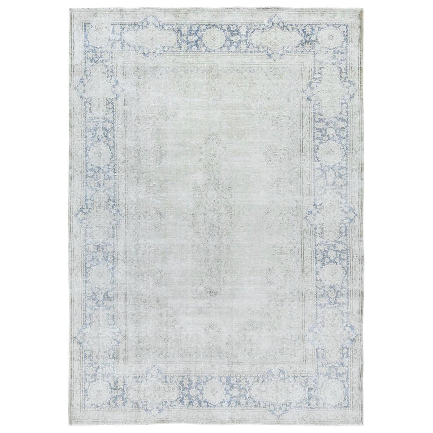 7'X10' Ivory Hand Knotted Vintage Farsian Karman Worn Wool Rug