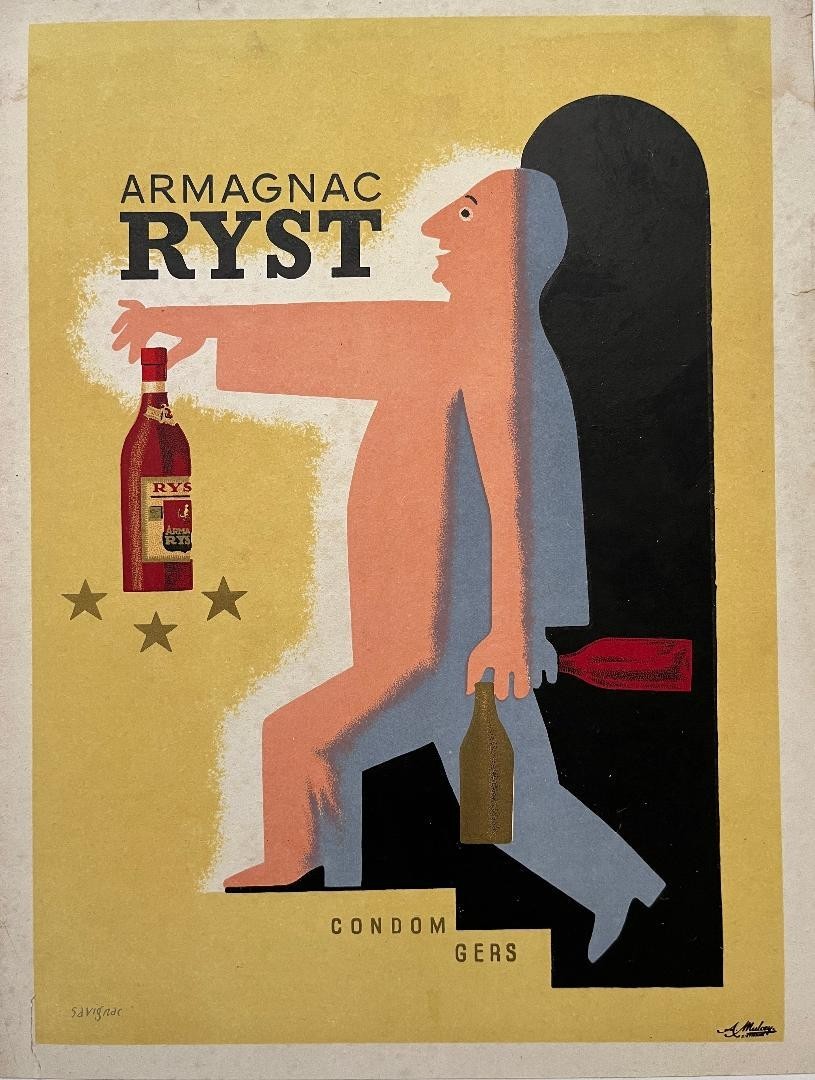 Rare Vintage 1943 Lithograph By Raymond Savignac  Armagnac Ryst Poster France