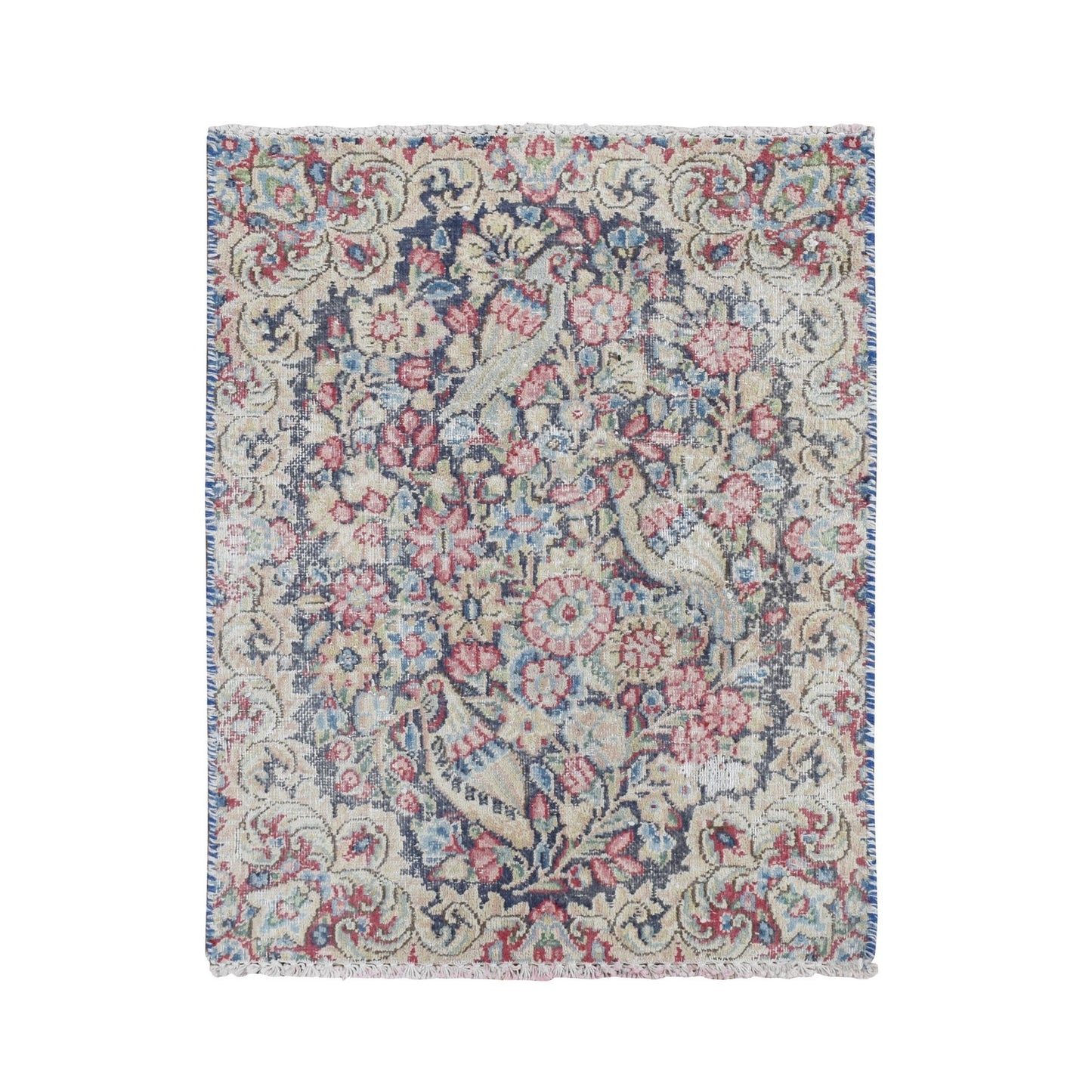 1'6"X2' Blue Wool Old And Worn Zoroastrian Karman Hand Knotted Mat Rug