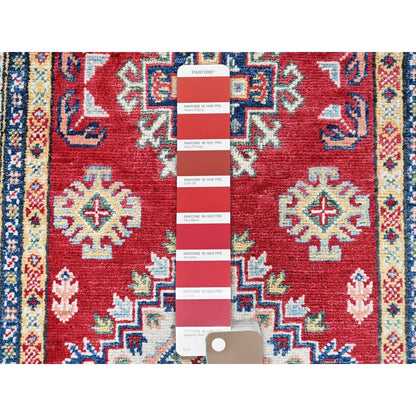 2'7"X6'7" Red Kazak With Geometric Design Soft Wool Hand Knotted Runner Rug