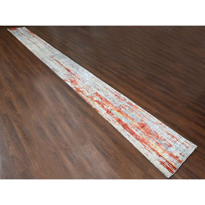 2'5"X25'8" Dark Coral Abstract Hand Knotted Wool And Silk Xl Runner Rug