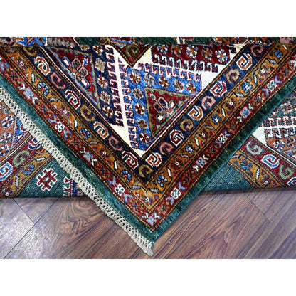 8'3"X10' Green Hand Knotted Super Kazak Tribal Elements Wool Oriental Rug