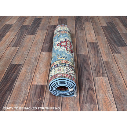 2'6"X6'2" Blue Kazak With Geometric Design Hand Knotted All Wool Runner Rug